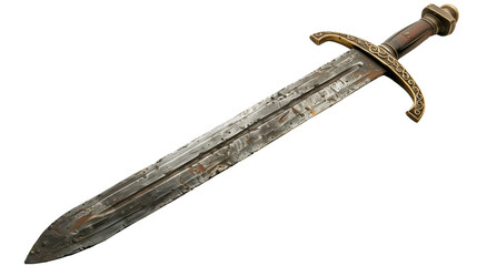 Aged medieval sword with a detailed golden hilt and a rustic, weathered blade, isolated on a transparent blank background. 