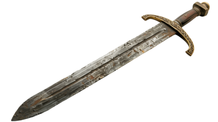 Aged medieval sword with a detailed golden hilt and a rustic, weathered blade, isolated on a transparent blank background. 