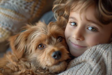 Bonding between kid and domestic animal, friendship between human and animal
