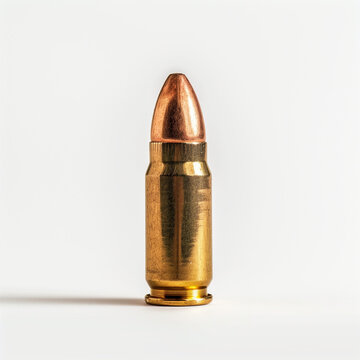 Copper-tipped bullet with brass casing, upright and isolated on a stark white background, with a shadow projected in the surface