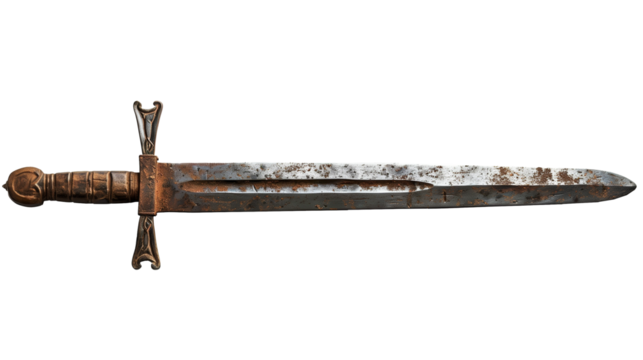 Ancient medieval sword of rusty metal, sharp, belonging to a hero, king, or noble, isolated on a blank transparent background in PNG format.