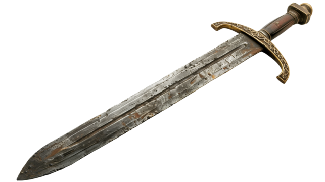Aged medieval sword with a detailed golden hilt and a rustic, weathered blade, isolated on a transparent blank background. 