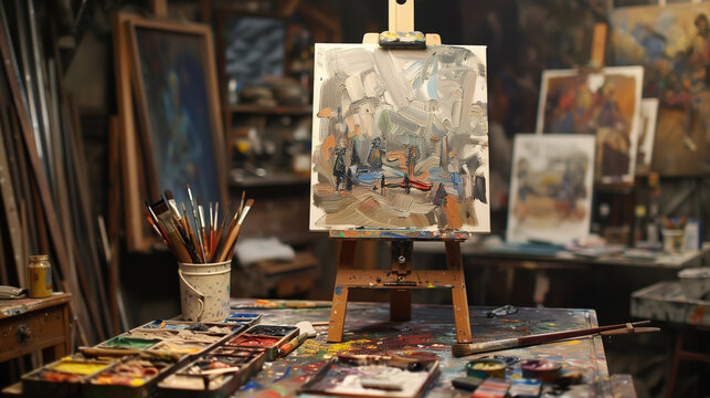 Painting classes in a workshop, with a small canvas on an easel, brushes and paints on a table, and abstract paintings with materials in the background - wallpaper to learn art