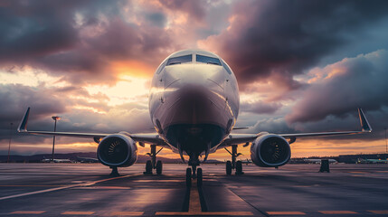  a plane taxis on an airport runway with two engines facing the camera. Going on a vacation. Taking a business trip. Exciting holiday. Cloudy skies. - obrazy, fototapety, plakaty