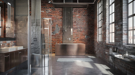 A modern industrial bathroom with exposed brick walls, concrete floors, and stainless steel fixtures - obrazy, fototapety, plakaty