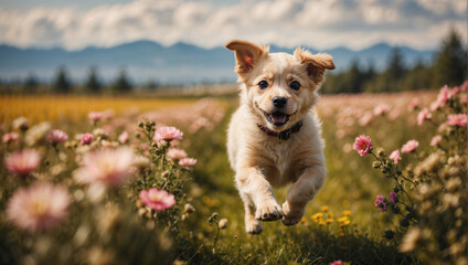 Adorable cachorro de perro corriendo feliz por un hermoso prado lleno de flores - obrazy, fototapety, plakaty