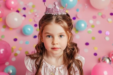 Obraz na płótnie Canvas 6-year-old girl in a princess costume on a pink background with balls and confetti 