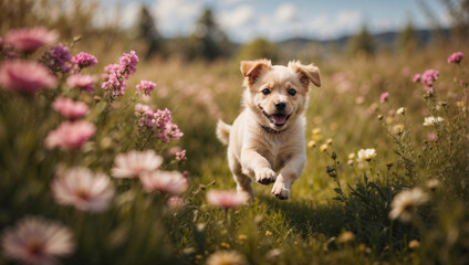 Adorable cachorro de perro corriendo feliz por un hermoso prado lleno de flores