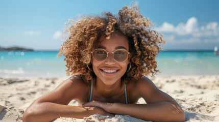 Woman with curly hair smiling and looking at camera while resting on sandy beach 