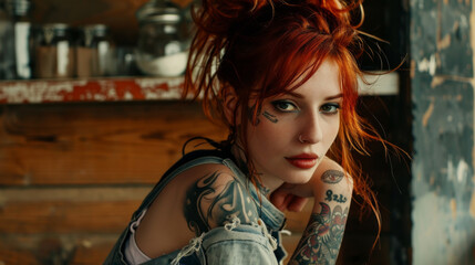 Woman with tattoos and red hair  