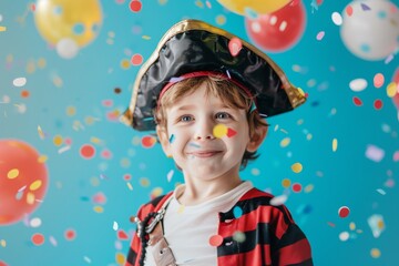 A 6-year-old boy in a pirate costume stands on a blue background with balls and confetti