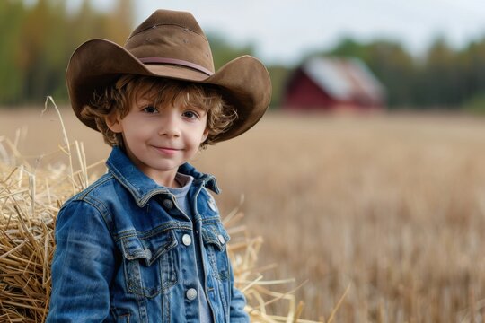 a 6-year-old boy in a cowboy hat, jeans and a denim jacket against a background of a small hay bale and a red farm