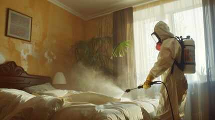 Worker in a protective suit sprays insect poison in bedroom
