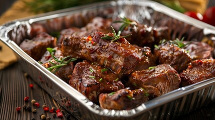 Gourmet glazed barbecued ribs in a foil tray with fresh herbs, perfect for summer barbecues and outdoor dining concepts - Powered by Adobe