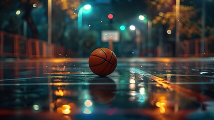 A single basketball lying on the ground, with a basketball hoop in the background, serves as the focal point in this poster concept image for basketball.
 - obrazy, fototapety, plakaty