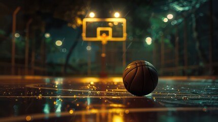 Poster concept image for basketball featuring a single basketball lying on the ground, with a basketball hoop in the background

 - obrazy, fototapety, plakaty
