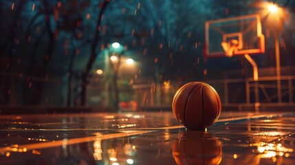 A single basketball lying on the ground, with a basketball hoop in the background, serves as the focal point in this poster concept image for basketball.
