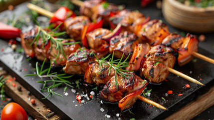 Juicy grilled chicken skewers with bell peppers and onions, garnished with fresh rosemary, on a slate serving platter, perfect for summer barbecues and outdoor dining - obrazy, fototapety, plakaty