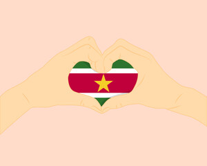 Suriname flag with two hands heart shape, express love or affection concept