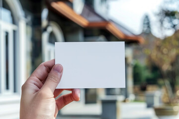Close-up of Hand Holding Blank White Card, Blurred Residential Building in the Sunny Background