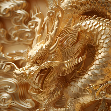 Detail of Asian Chinese traditional dragon sculpture on wall in oriental ancient classic style in in China Asia