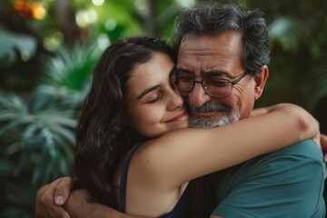 middle-aged father hugging his teenage daughter . Father’s day - obrazy, fototapety, plakaty