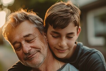 middle-aged father hugging his teenage son. Father’s day