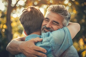 middle-aged father hugging his teenage son. Father’s day - obrazy, fototapety, plakaty