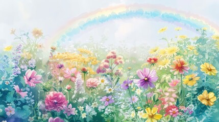 Fototapeta na wymiar illustration of a colorful flower garden in spring and the appearance of a beautiful rainbow 