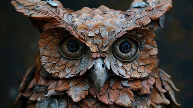 Captivating Clay Owl Sculpture Imparts Mystical Wisdom with Piercing Gaze description:This mesmerizing clay sculpture depicts an owl with