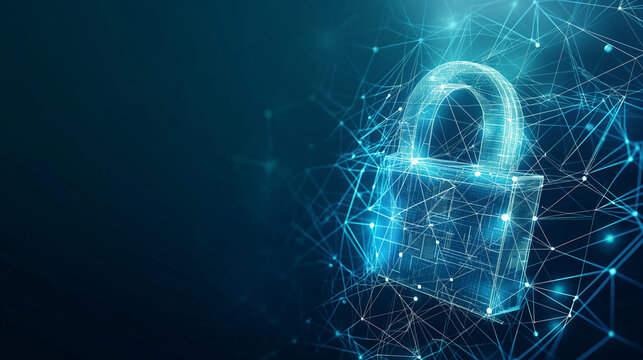 3D rendering of a security lock hologram with blue background. A network of connected nodes. Cyber security concept. Firewall or encryption. - Powered by Adobe