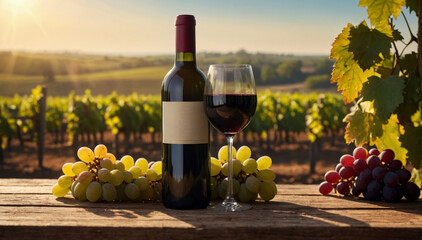 Bottle of wine on a wooden podium on vineyards background at sunset