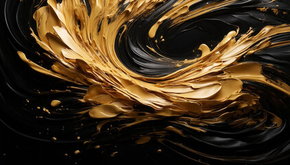 Abstract golden and black brush strokes creating a dynamic swirls