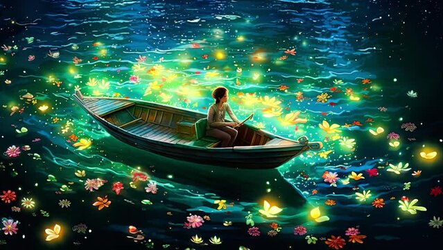 People on boat looking at glowing flower and fireflies on lake. Calm magical and atmospheric loop animation video.