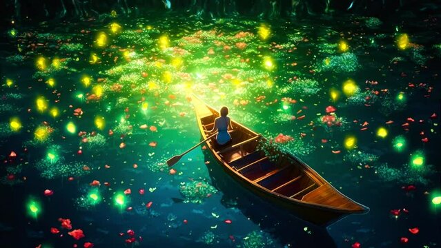People on boat looking at glowing flower and fireflies on lake. Calm magical and atmospheric loop animation video.
