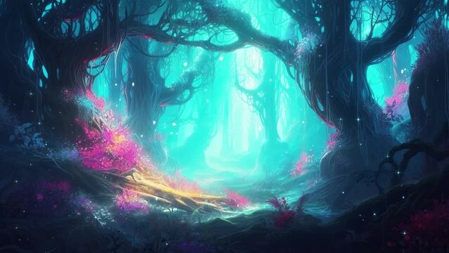 Fantasy and magical forest animation loop of landscape with fireflies. Fairytale and ambient loop video.