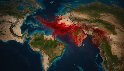 Bloody trail on the continents of the earth, war concept