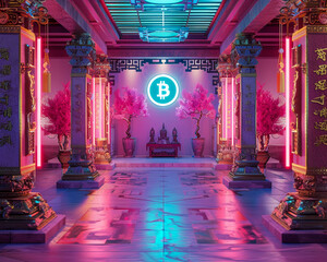 A serene temple with walls adorned in bitcoin symbols, 3d isomatic, bakery, animeup32K HD
