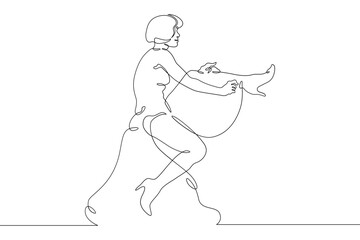 One continuous line. Pretty girl in a luxurious dress. Evening dress fitting. Portrait of a female character. One continuous line is drawn on a white background.