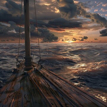 A picture scene unfolds as a sailboat, featuring a wooden deck and mast adorned with ropes, gracefully glides upon the gently undulating dark waters, set against the backdrop of a cloudy sunset sky
