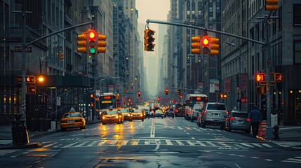 Navigating the Vibrant Cityscape:Illuminated Traffic Signals Guiding the Bustling Urban Journey - obrazy, fototapety, plakaty