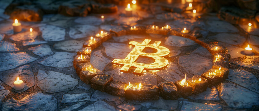 A prayer circle formed around a glowing bitcoin logo on the floor, 3d isomatic, bakery, anime