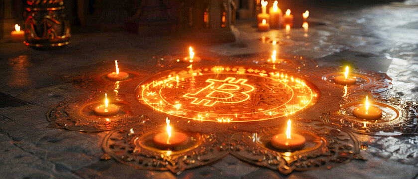 A prayer circle formed around a glowing bitcoin logo on the floor, 3d isomatic, bakery, anime