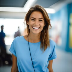 Obraz premium Radiant young woman smiling confidently in a casual blue top