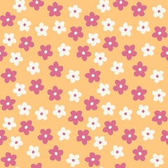 Hand drawn seamless pattern with floral flowers. Peach fuzz apricot orange ornament, simple retro pastel garden print with vintage ditsy elements. Color of the year design, trendy fabric background.