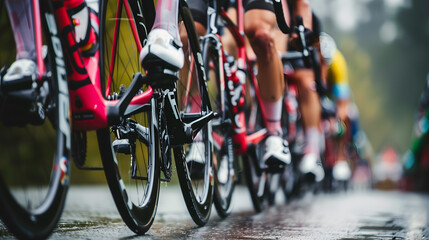 Fototapeta premium Cyclists riding on wet road during rain, close-up