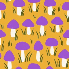 Hand drawn seamless pattern with forest mushroom fungi in pirple yellow leaves on yellow background. Toadstool toxic fungi caps poisonous herbs wood woodland, witch concept, fall autumn flora. - obrazy, fototapety, plakaty