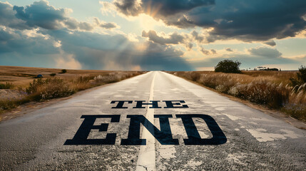 End of the road with clouds and sky background for banner and poster, The End concept, The End text