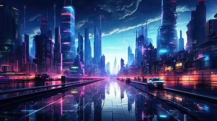Neon-Lit Futuristic Metropolis Skyline with Illuminated Skyscrapers and Reflective Cityscape