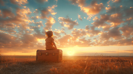 Kid flying in dreams of traveling, happy lovely child,mystic wonder and imagination magical, backdrop of a sunset, lifestyle, background, banner